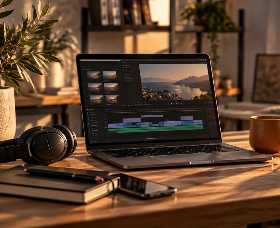 Video editing desk with headphones and laptop
